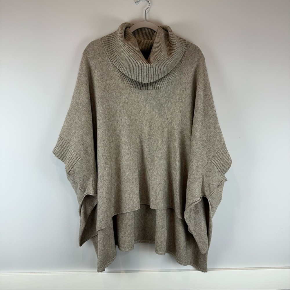 3 Sisters Tan Brown Poncho Turtleneck Pullover Cozy Hi Lo Sweater One Size
